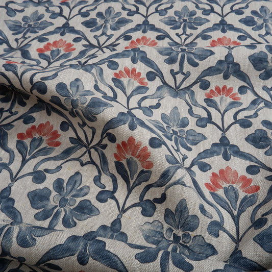100% LINEN Fabric Portuguese Watercolor floral pattern - blue grey red 2042