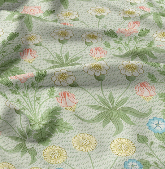 William Morris Daisy print 100% LINEN Fabric - green floral 2119