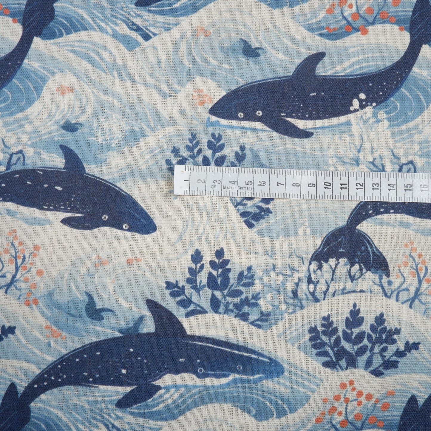 100% LINEN fabric Nautical print blue WHALE -  2012