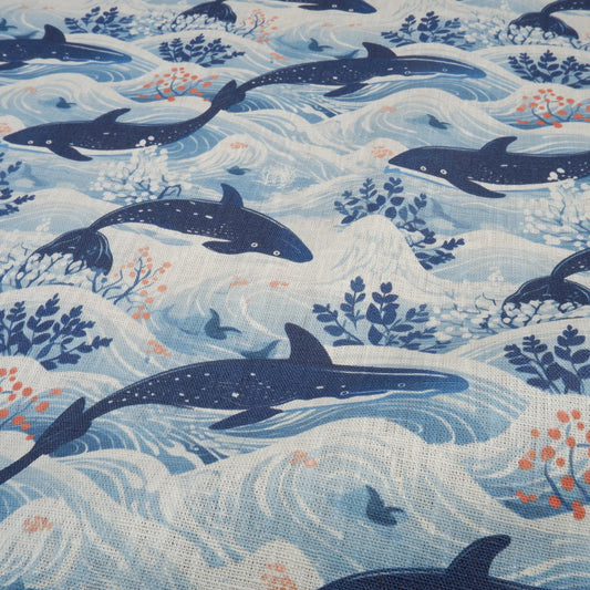 100% LINEN fabric Nautical print blue WHALE -  2012