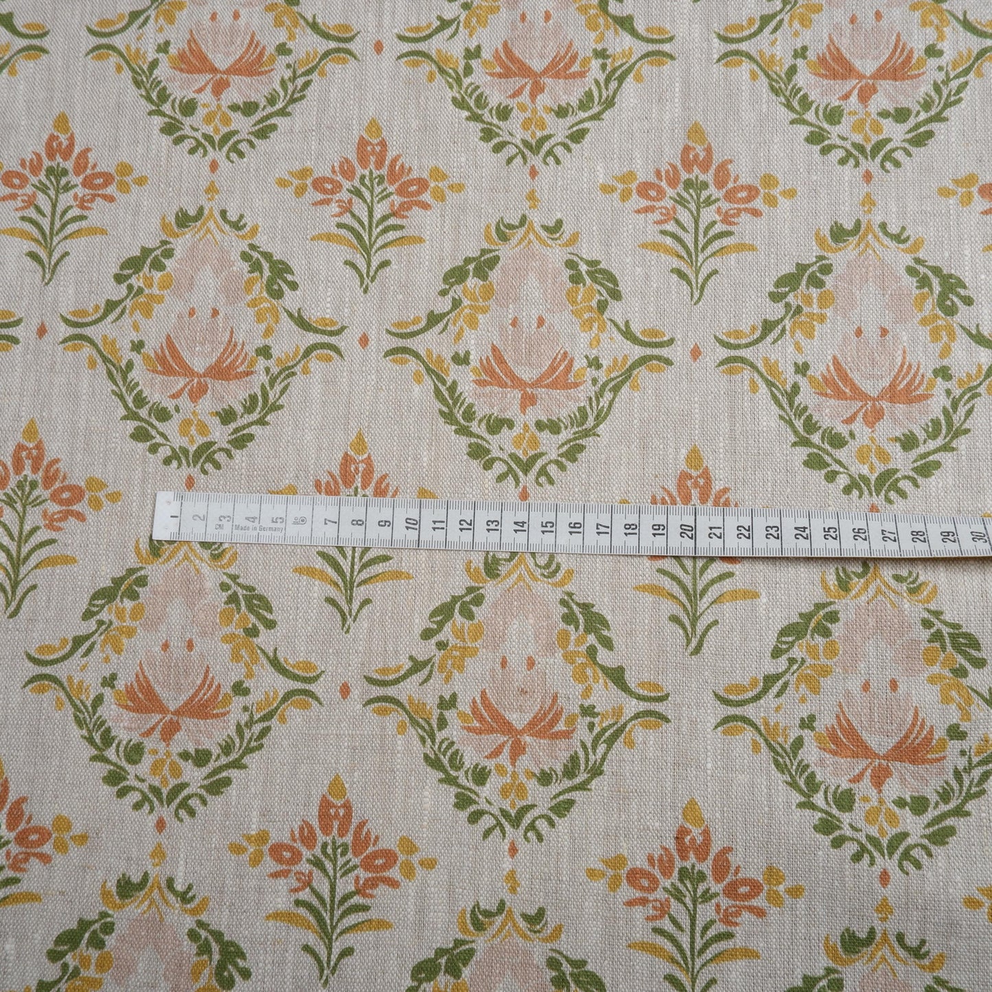 100% LINEN Fabric block print pastel green pink grey  - Scandi 2051