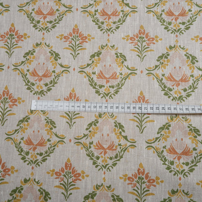 100% LINEN Fabric block print pastel green pink grey  - Scandi 2051