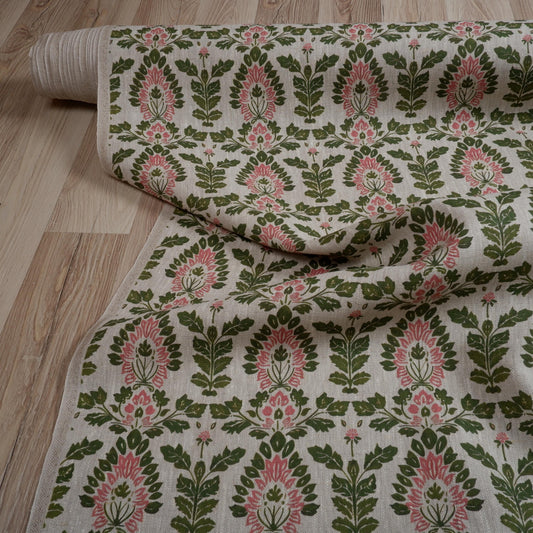 100% LINEN Fabric block print floral pink green on oatmeal 2008