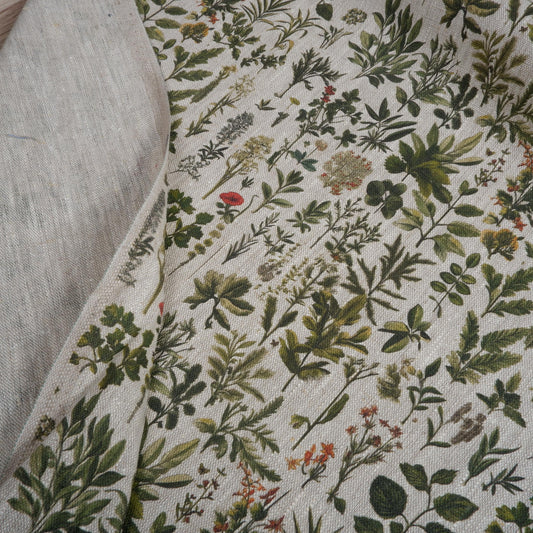 100% LINEN Fabric French Herbs green print on oatmeal  - greenery 2050