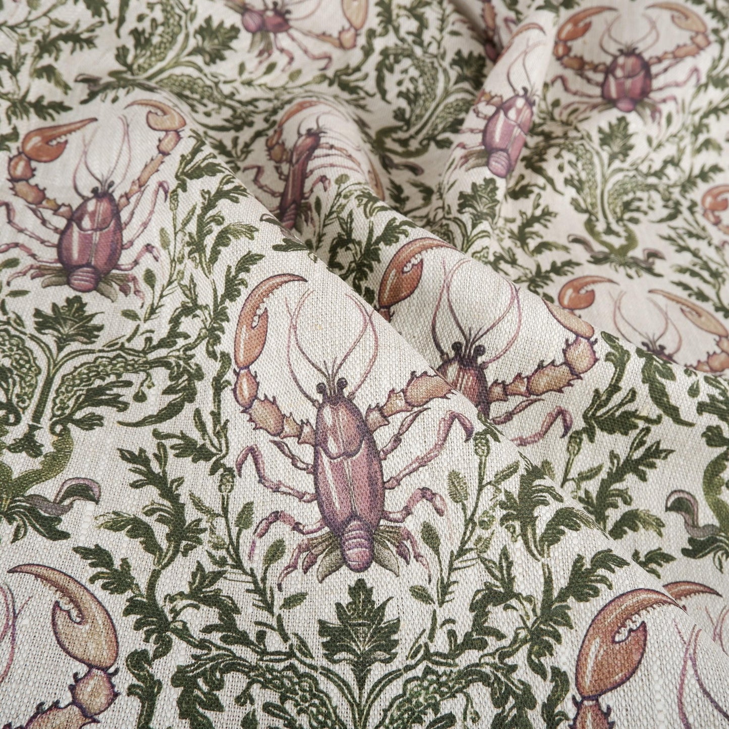 100% LINEN Fabric Lobster  - oatmeal with green purple grey coastal print 2048