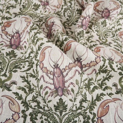 100% LINEN Fabric Lobster  - oatmeal with green purple grey coastal print 2048