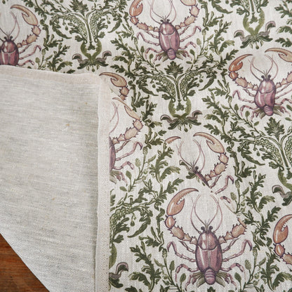 100% LINEN Fabric Lobster  - oatmeal with green purple grey coastal print 2048