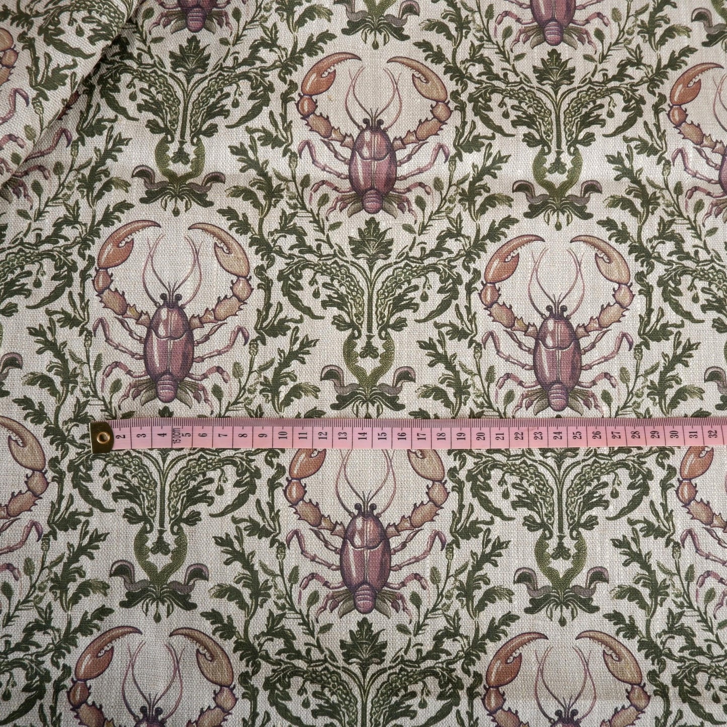 100% LINEN Fabric Lobster  - oatmeal with green purple grey coastal print 2048