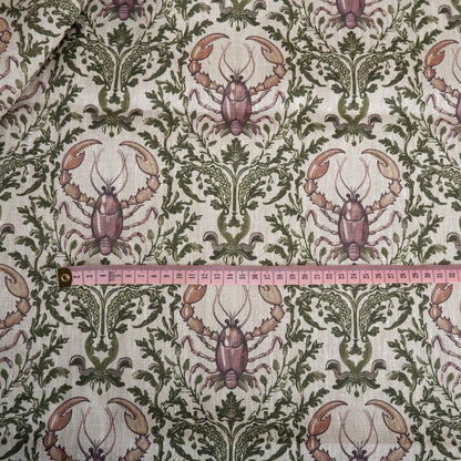 100% LINEN Fabric Lobster  - oatmeal with green purple grey coastal print 2048