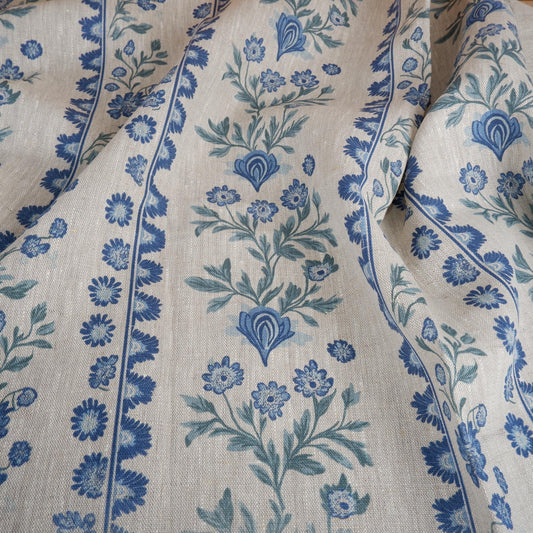 100% LINEN Fabric floral stripe print - blue green 2153