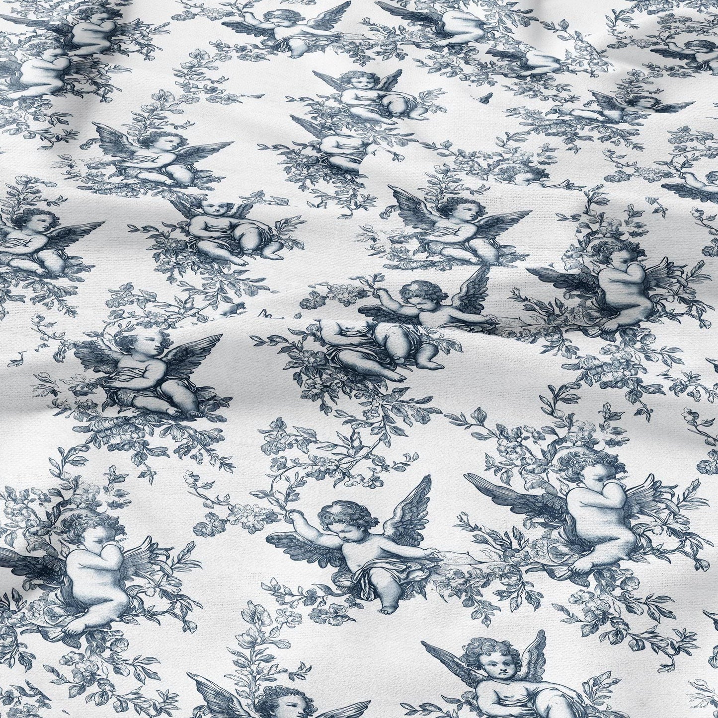 100% LINEN Fabric Cherub print - blue white Angel 2329