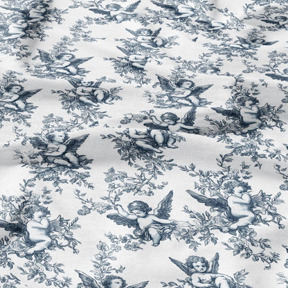 100% LINEN Fabric Cherub print - blue white Angel 2329
