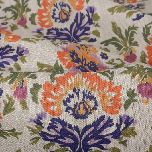 100% LINEN Fabric colorfull block stamp print - purple orange green floral 2034