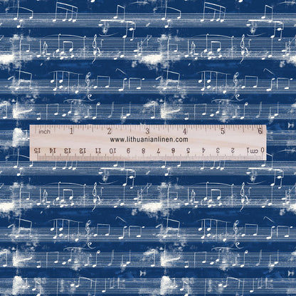 100% LINEN Fabric Music notes indigo blue print 2340