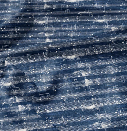 100% LINEN Fabric Music notes indigo blue print 2340