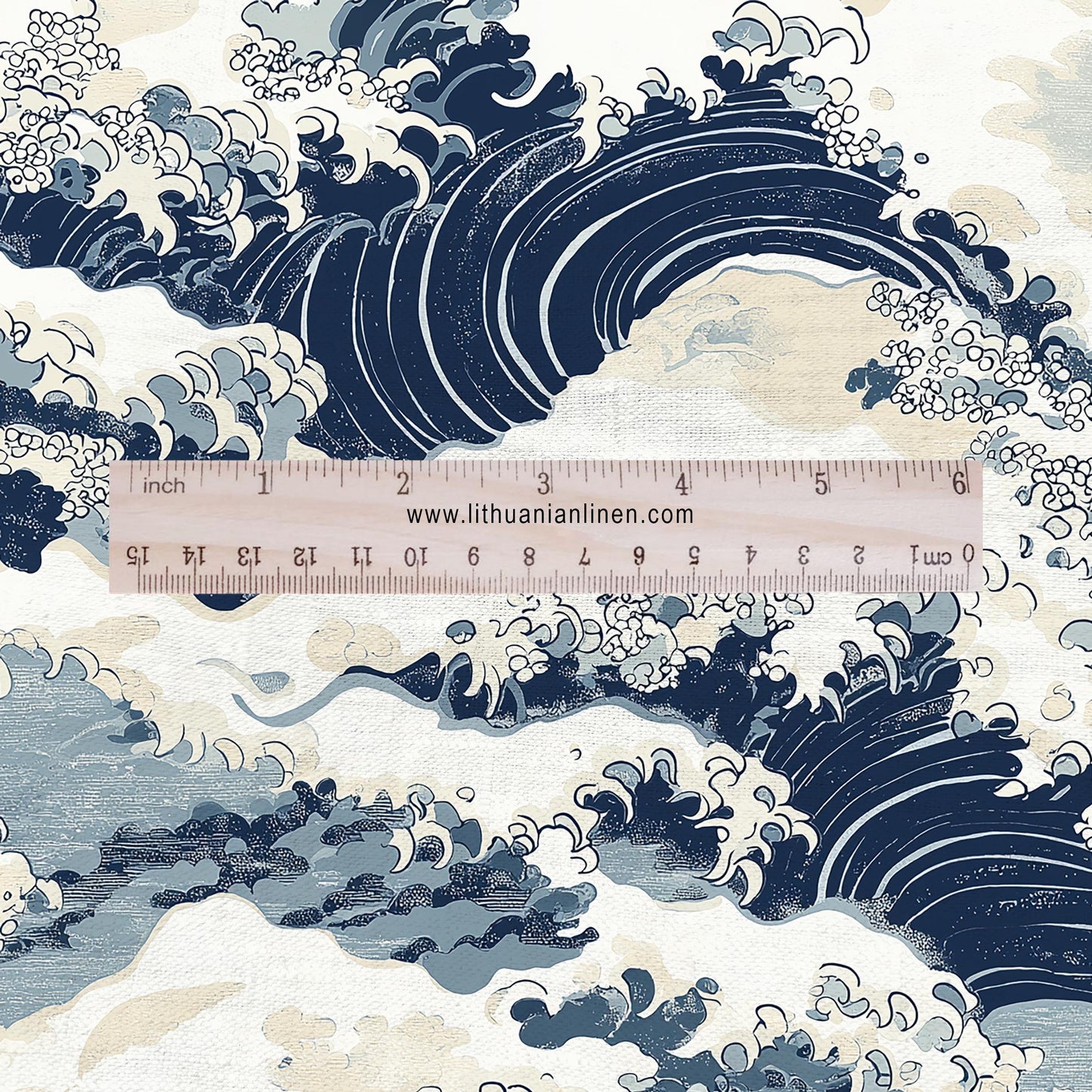 100% LINEN Fabric Japanese Kanagawa wave Print - blue 2339