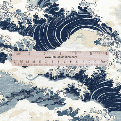 100% LINEN Fabric Japanese Kanagawa wave Print - blue 2339