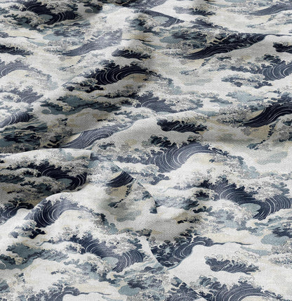 100% LINEN Fabric Japanese Kanagawa wave Print - blue 2339