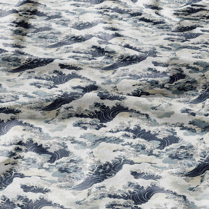 100% LINEN Fabric Japanese Kanagawa wave Print - blue 2339