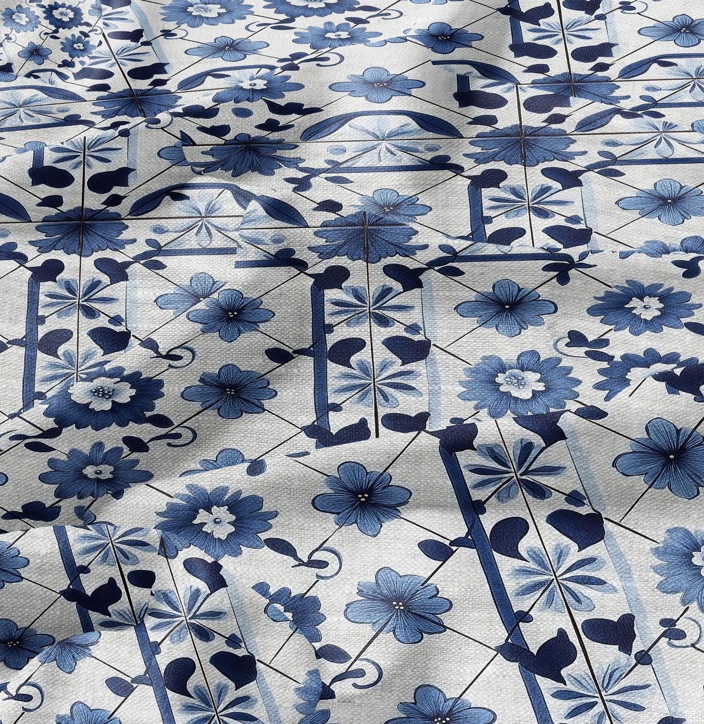 100% LINEN Fabric block print indigo blue white Portugal tile - 2320