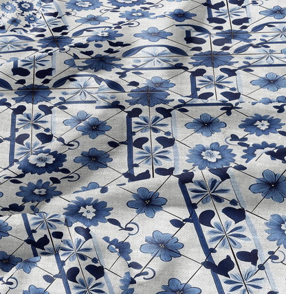 100% LINEN Fabric block print indigo blue white Portugal tile - 2320