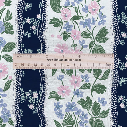 100% LINEN Fabric floral navy blue stripe print - 2202