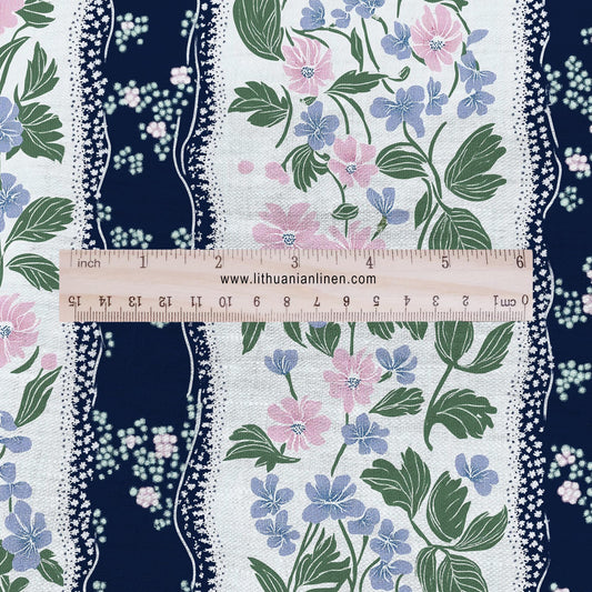 100% LINEN Fabric floral navy blue stripe print - 2202