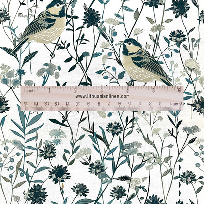 100% LINEN Fabric floral with birds in meadow print 2334