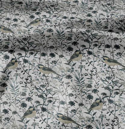 100% LINEN Fabric floral with birds in meadow print 2334