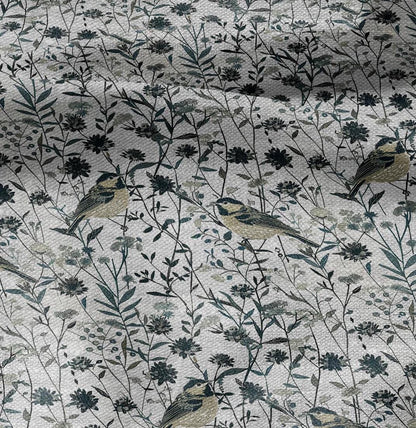 100% LINEN Fabric floral with birds in meadow print 2334