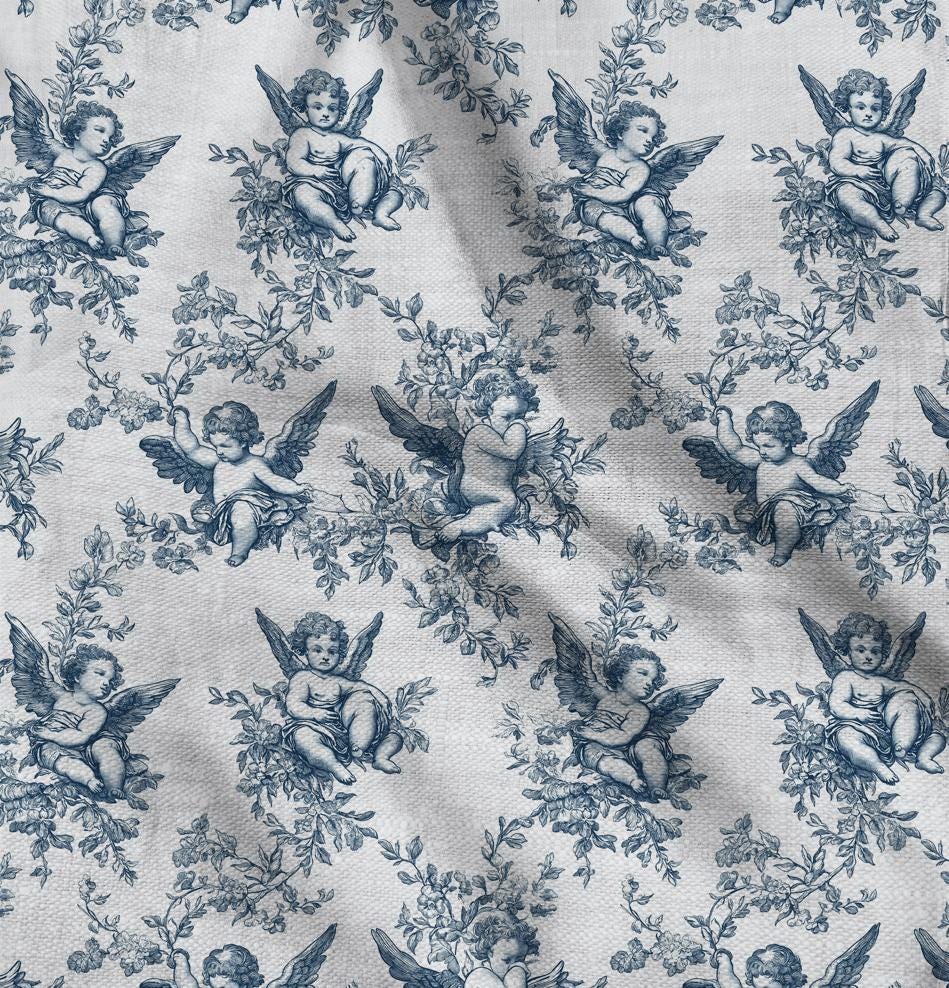 100% LINEN Fabric Cherub print - blue white Angel 2329