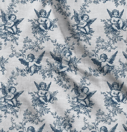 100% LINEN Fabric Cherub print - blue white Angel 2329
