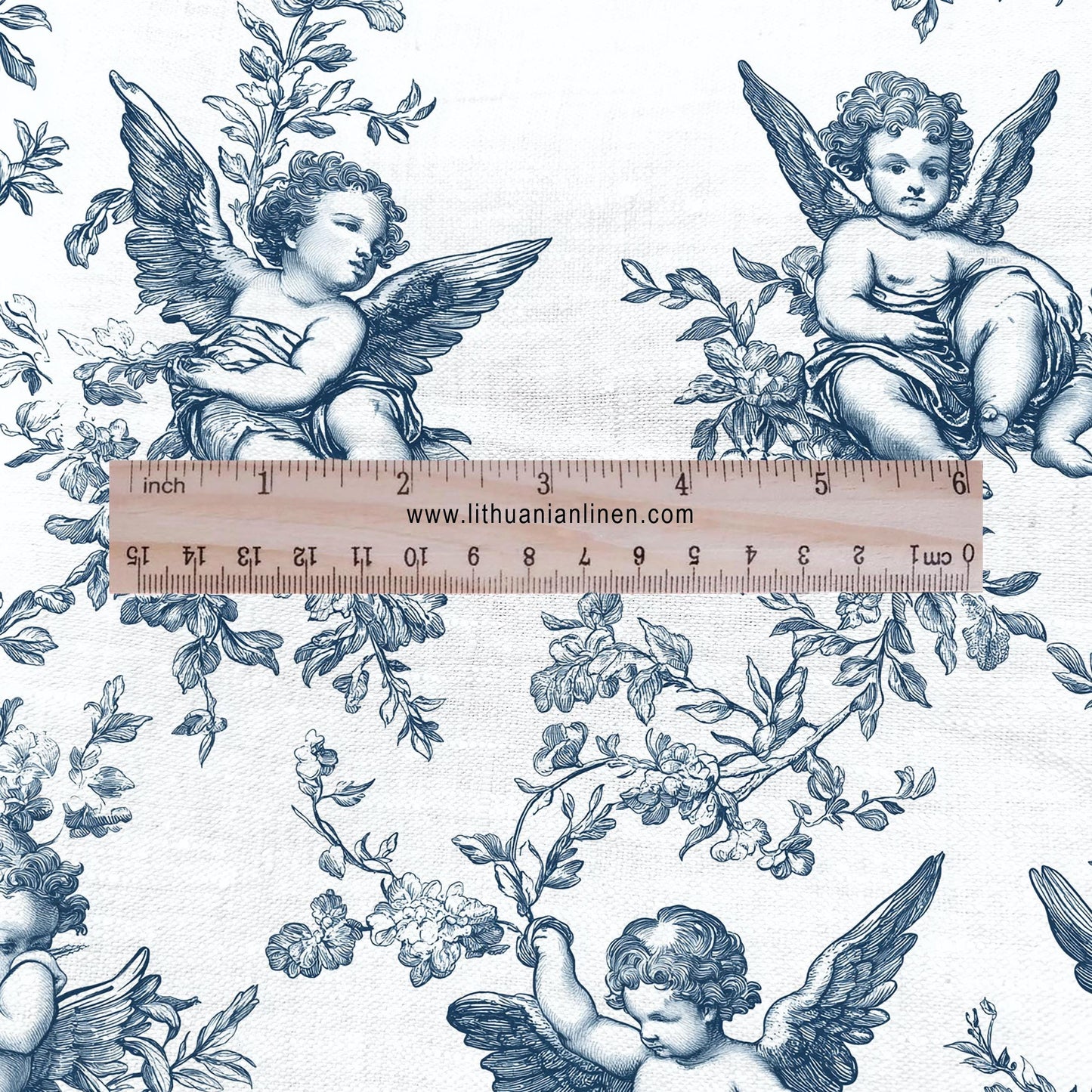 100% LINEN Fabric Cherub print - blue white Angel 2329