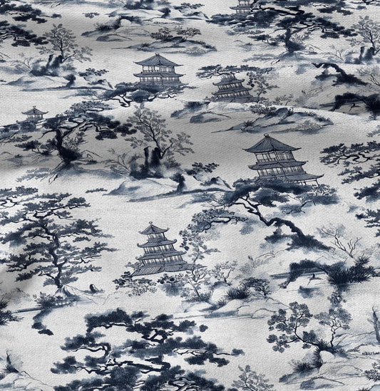100% LINEN Fabric block print Kyoto Japan landscape - white blue 2327