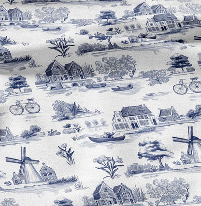 100% LINEN Fabric Delft Holand scenery print - blue white 2160