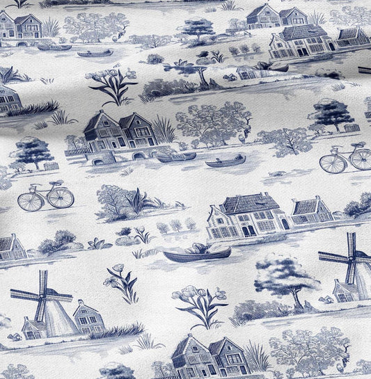 100% LINEN Fabric Delft Holand scenery print - blue white 2160