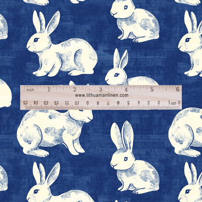 100% LINEN Fabric Rabbit indigo blue print - bunny 2175