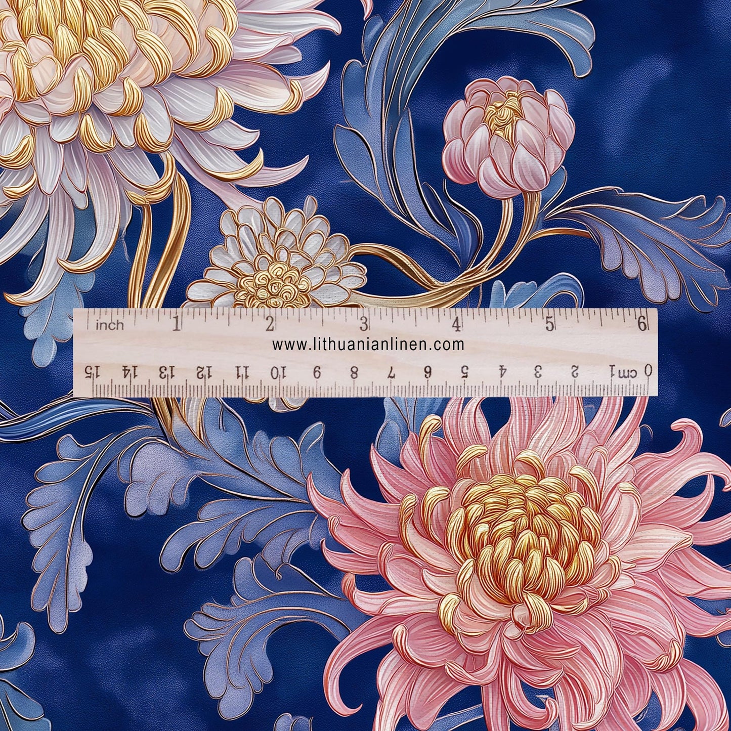 100% LINEN fabric chrysanthemum print - floral navy pink 2331