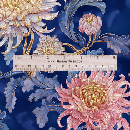 100% LINEN fabric chrysanthemum print - floral navy pink 2331