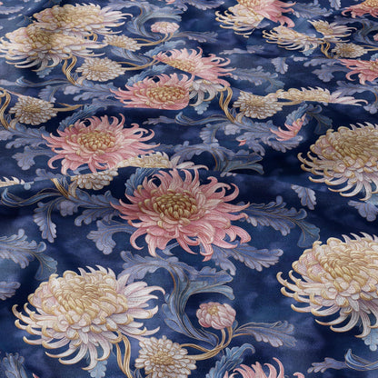 100% LINEN fabric chrysanthemum print - floral navy pink 2331