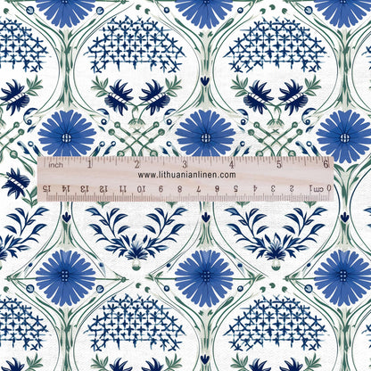 100% LINEN Fabric block print - blue green white floral print - 2326