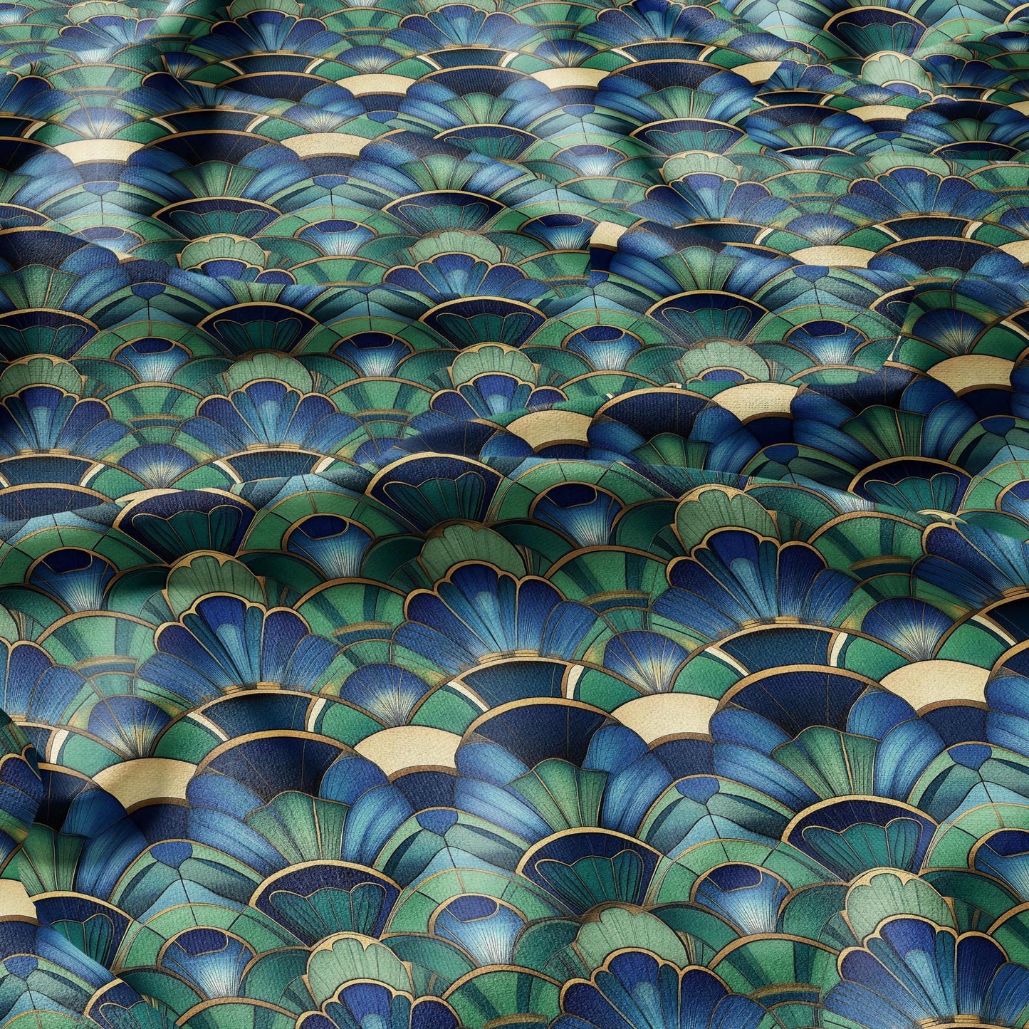 100% LINEN Fabric Art deco blue green - fan print 2144