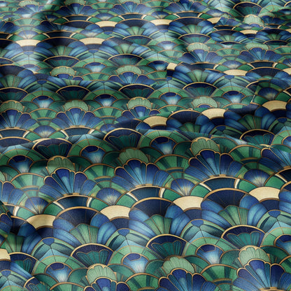 100% LINEN Fabric Art deco blue green - fan print 2144