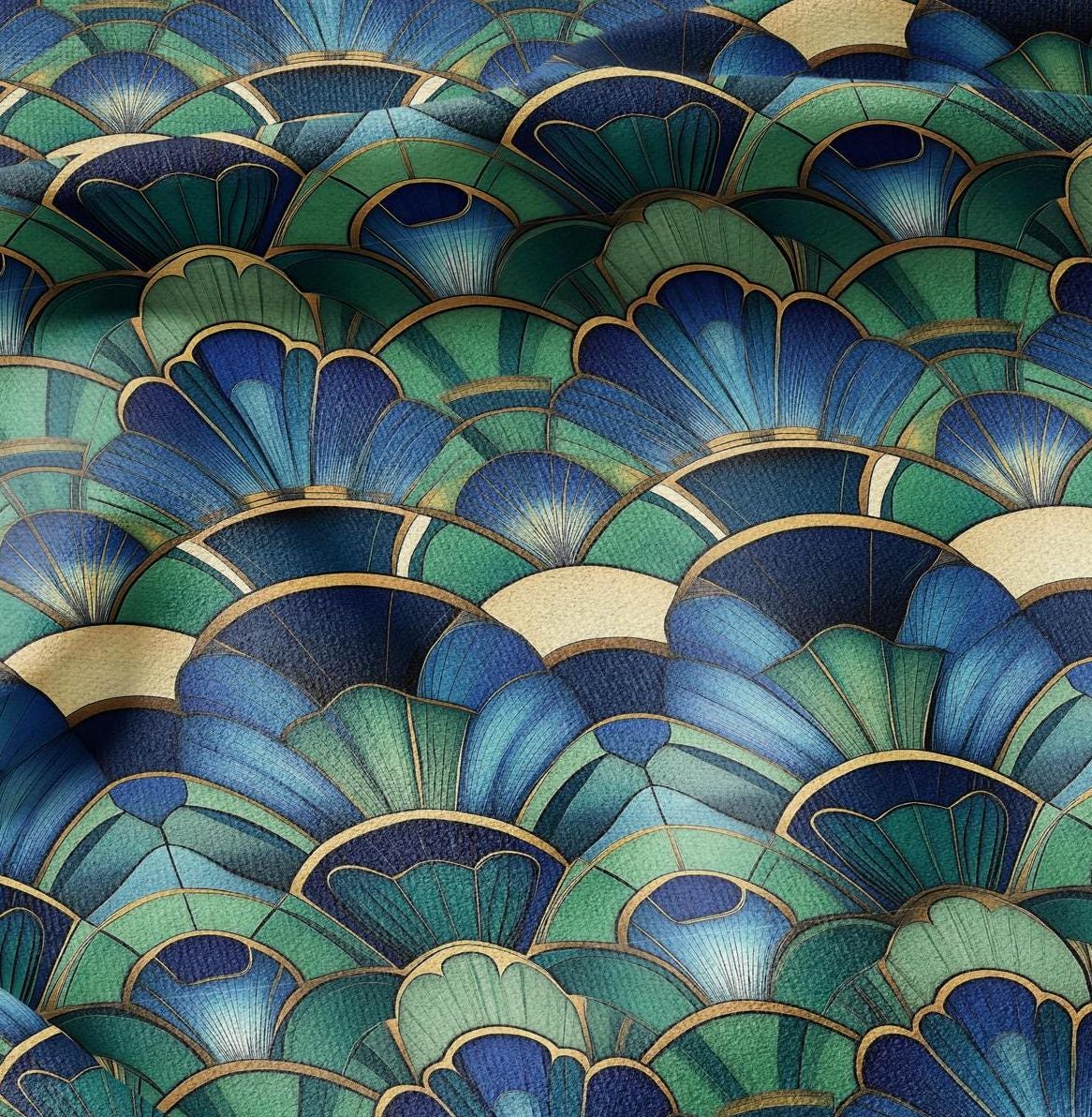 100% LINEN Fabric Art deco blue green - fan print 2144