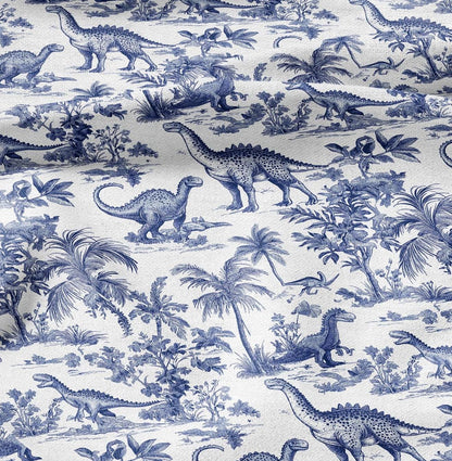 100% LINEN Fabric Toile de Jouy with dinosaures - white blue nursery fabric 2176