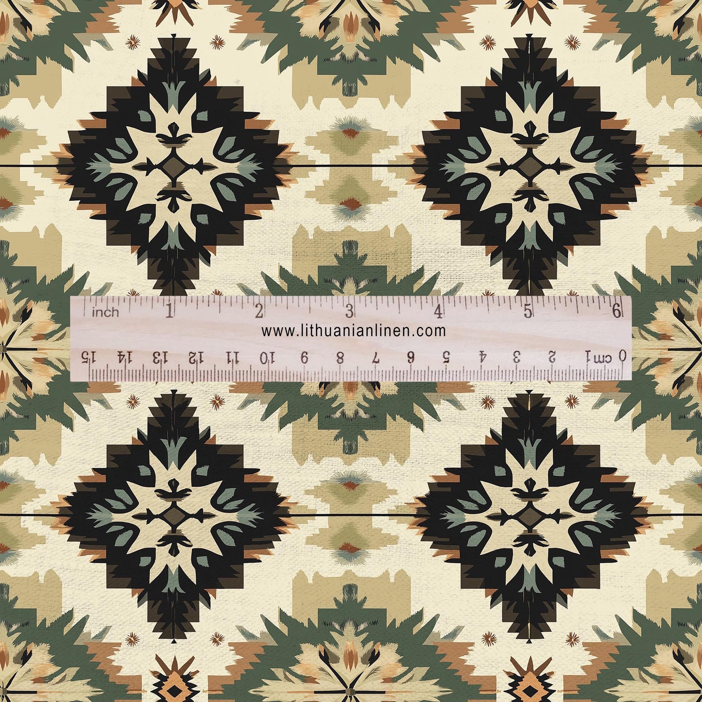 100% LINEN Fabric Western Abstract geometric - beige brown tribal 2149