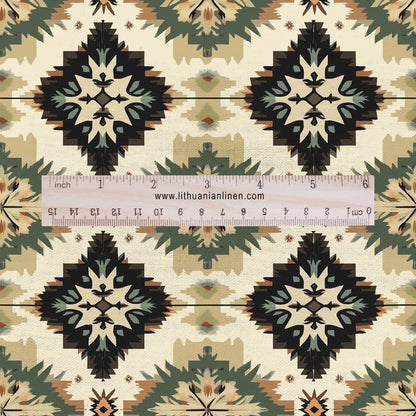 100% LINEN Fabric Western Abstract geometric - beige brown tribal 2149