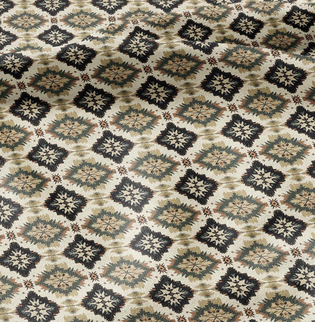 100% LINEN Fabric Western Abstract geometric - beige brown tribal 2149