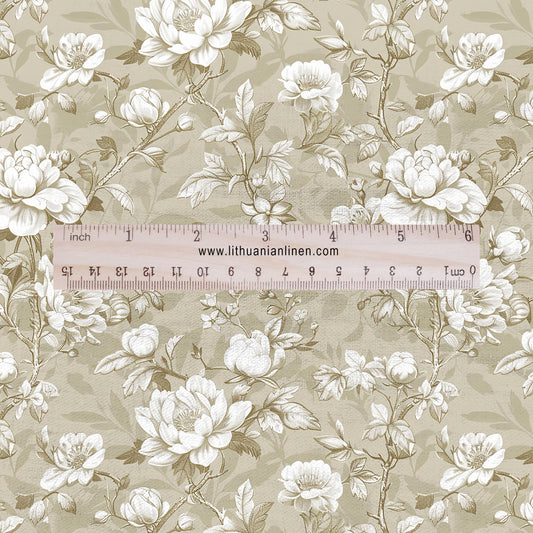 100% LINEN Fabric Floral beige print - 2368