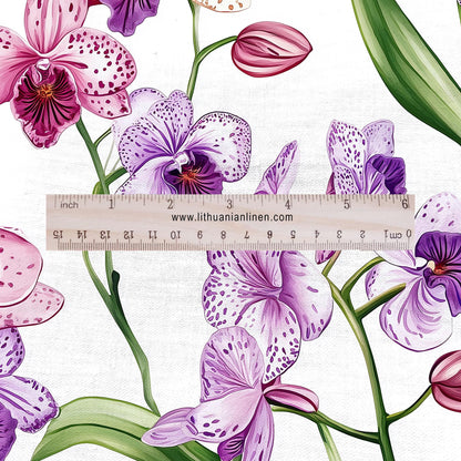 100% LINEN Fabric Floral pink purple orchid print - 2128